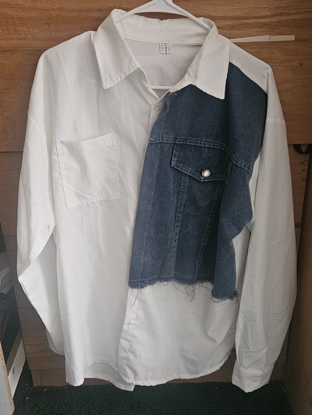 White Button-Up Shirt with Denim Panel